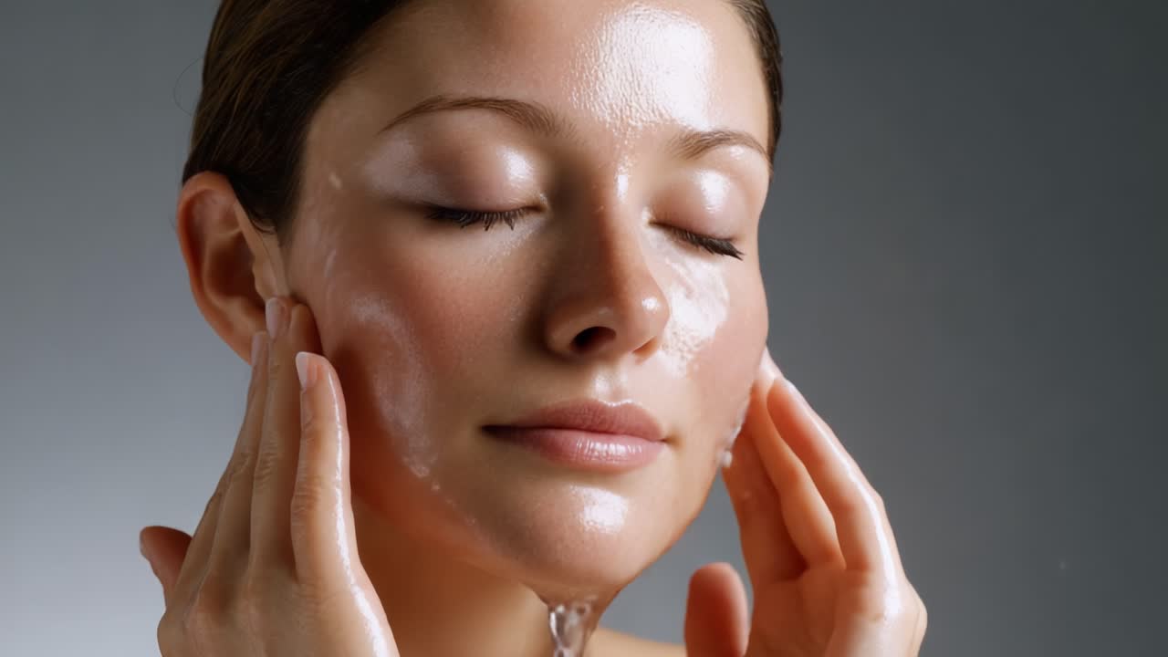 A Serene Moment of Hydration: A Close-Up of a Woman Gently Applying Water to Her Face, Enhancing Skin Vitality and Radiance with Refreshing Splashes