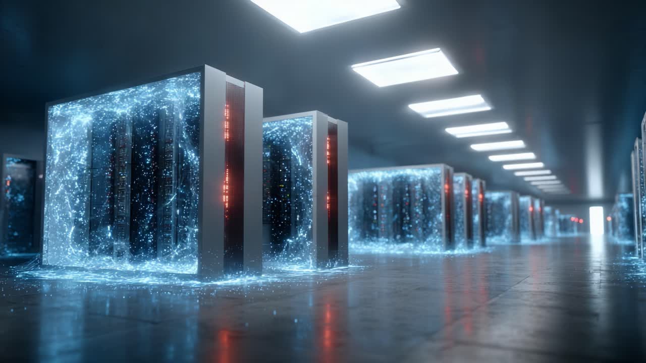 A Futuristic Data Center Displaying High-Tech Servers Enveloped in Glowing Energy Fields, Sparking Imagination and Innovation in Modern Technology