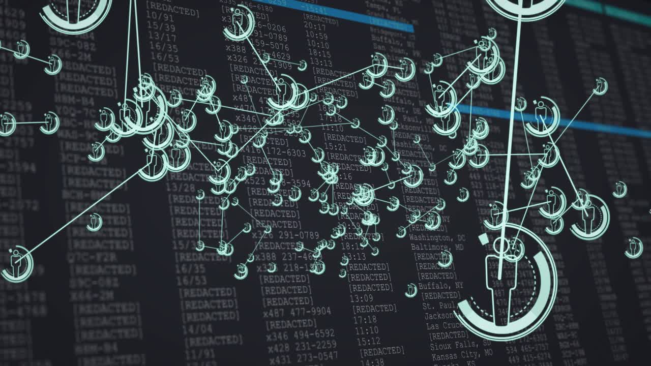 Nodes appearing then clustering around figures while blue bar scanning data feed mapping network