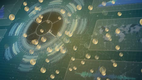 animación de signos de bitcoin sobre escaneo de alcance y procesamiento de datos en pantallas
