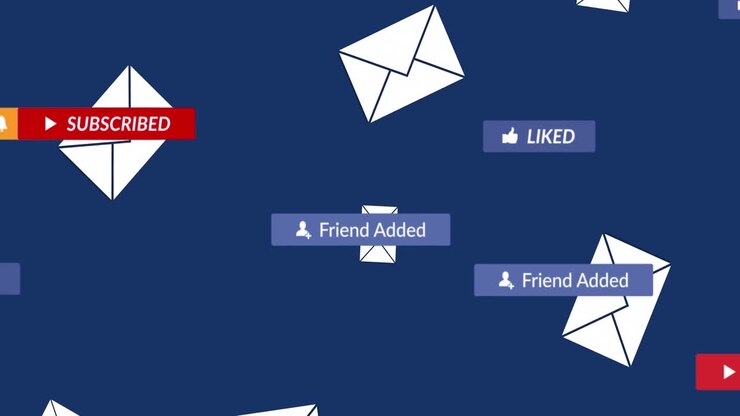 Animation of social media icons with texts over envelopes on blue background
