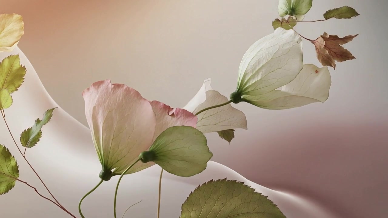 Pulling camera showing cluster of pale pink and white blossoms in studio, revealing veins