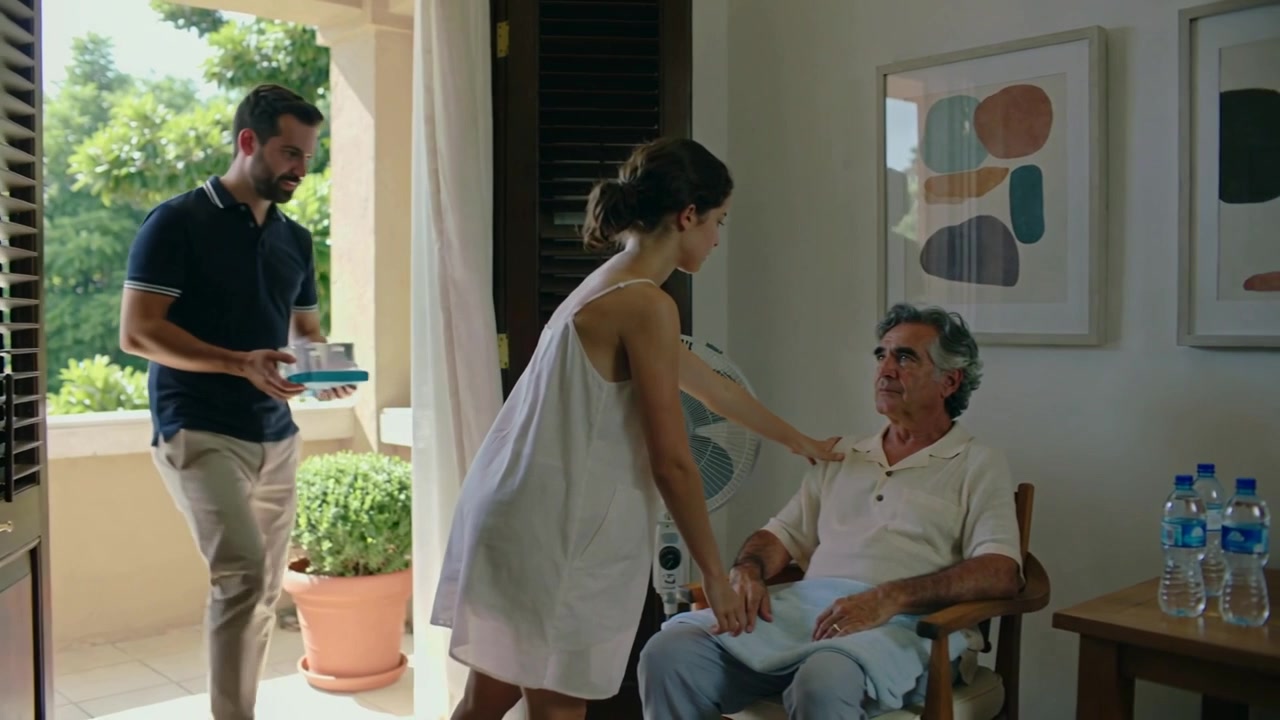 Mujer con vestido entrando, pasando persianas, revisando a un anciano cerca de un ventilador; hombre comprobando la frente para ver si tiene fiebre.