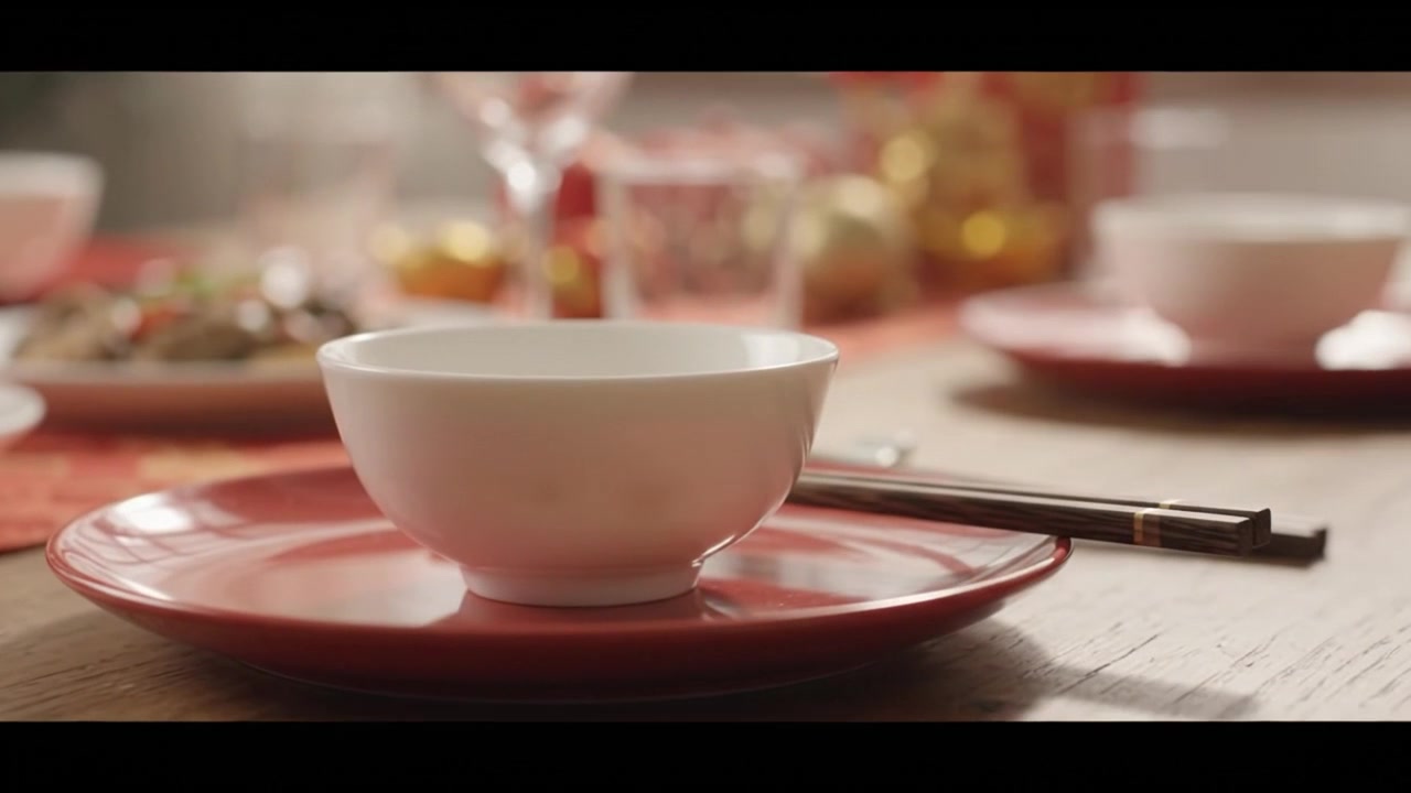 Person Setting Table with Chopsticks and Bowl for Lunar New Year Dinner
