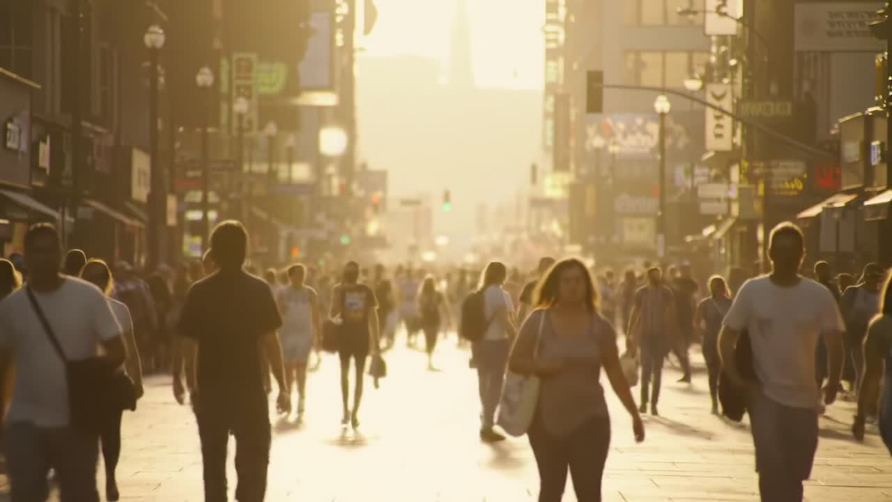 A Bustling Urban Street at Sunset, Filled with Crowds of People, as Golden Light Bathes the Scene, Capturing the Energy of City Life and Vibrant Atmosphere