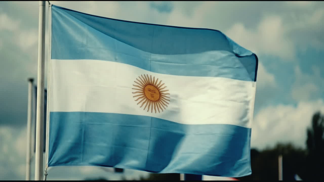 Drapeau argentin flottant au vent sur fond de ciel nuageux.