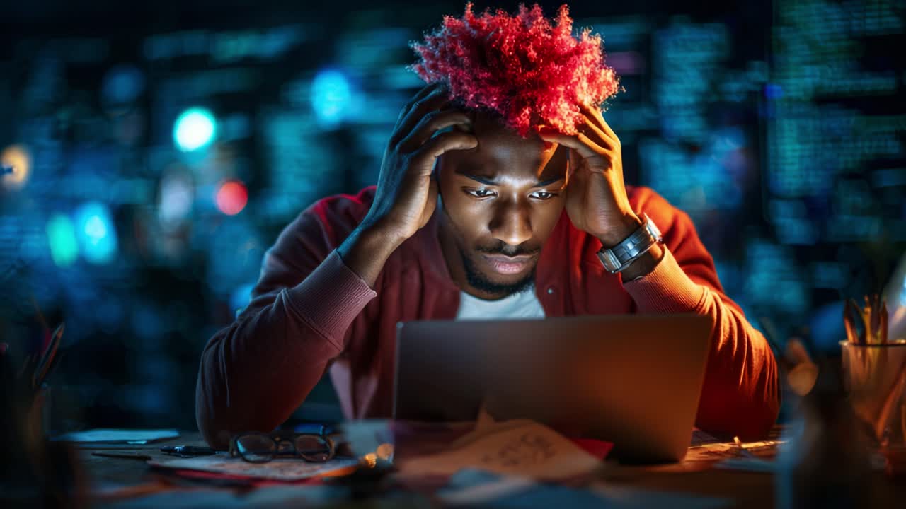 A young man with vibrant pink hair is focused intently on his laptop, expressing frustration and concentration as he navigates through complex digital information in a dimly lit room