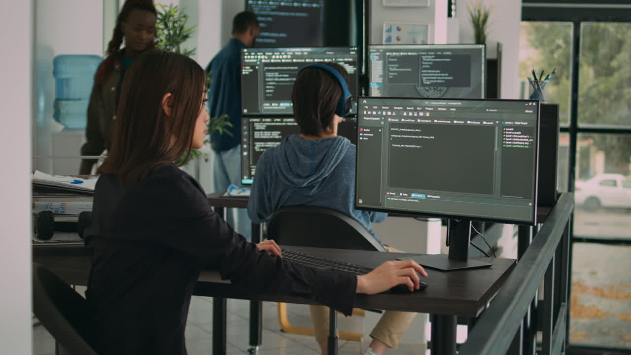 Database developer using computer to write code on terminal window