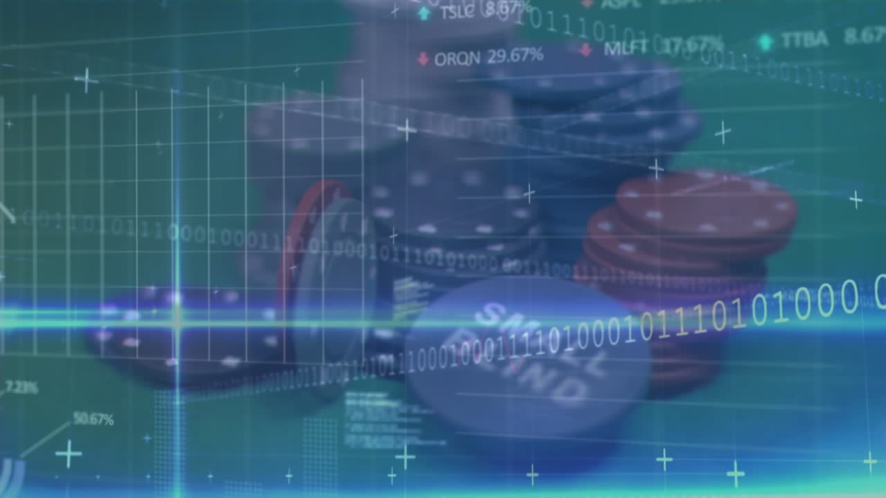 Animation of statistics and data processing over casino chip with words Small Blind falling on casi