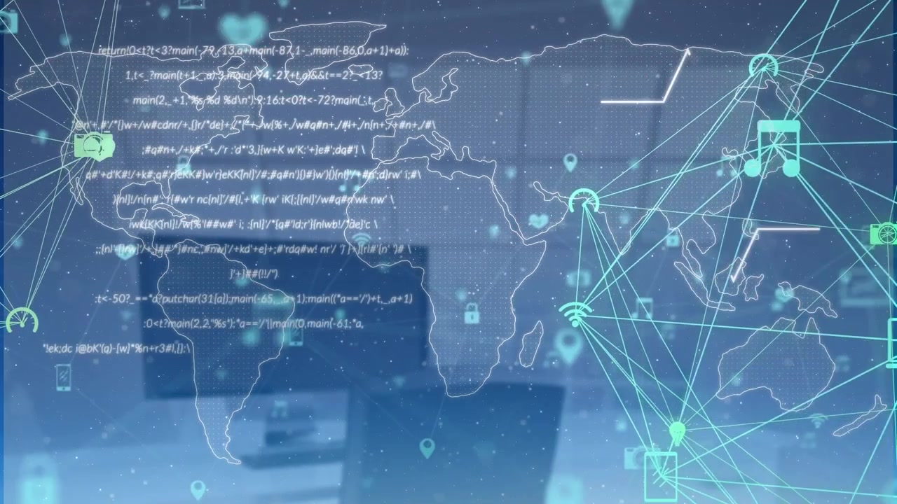 Mappa del Mondo Digitale con Connessioni di Rete Globali e Codice Dati