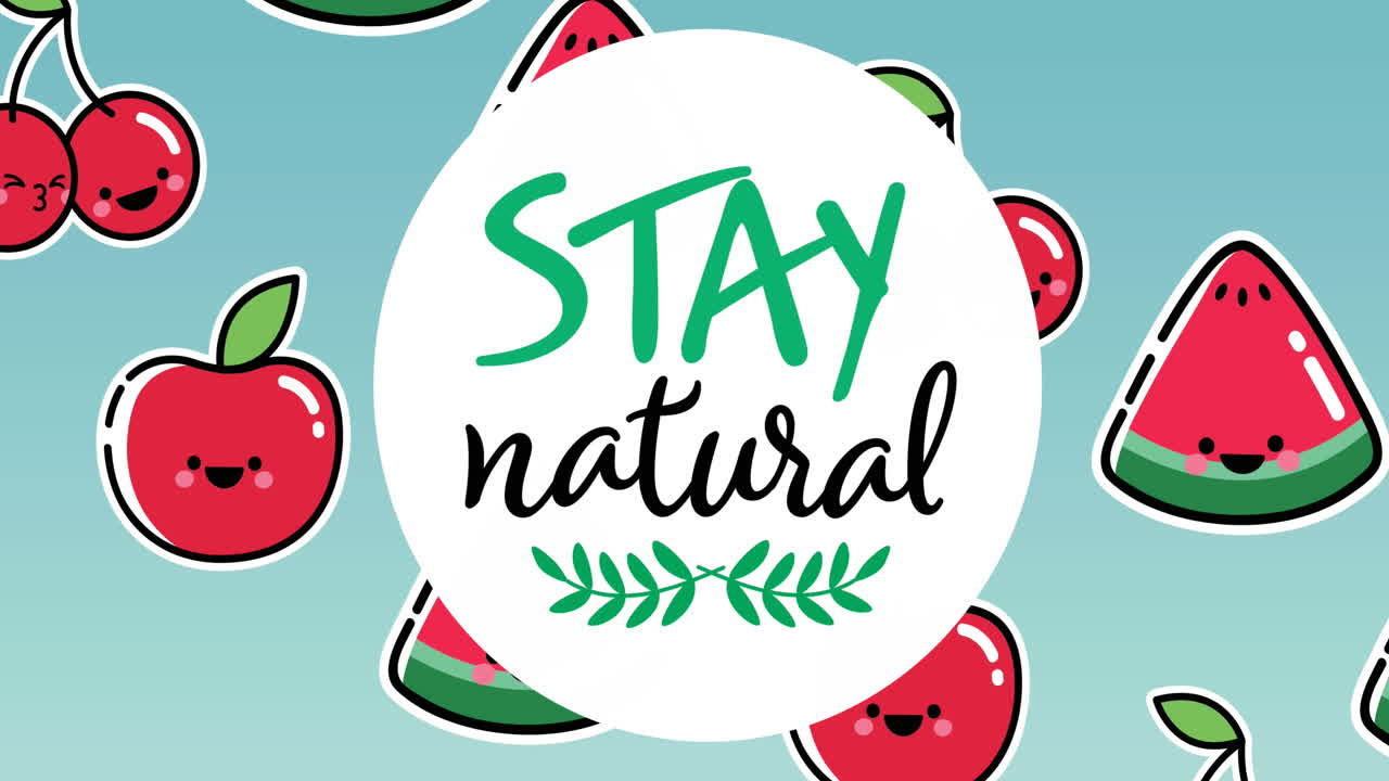 미소 짓는 얼굴의 수박과 사과 위에 자연스러운 텍스트를 유지하는 일러스트레이션 애니메이션