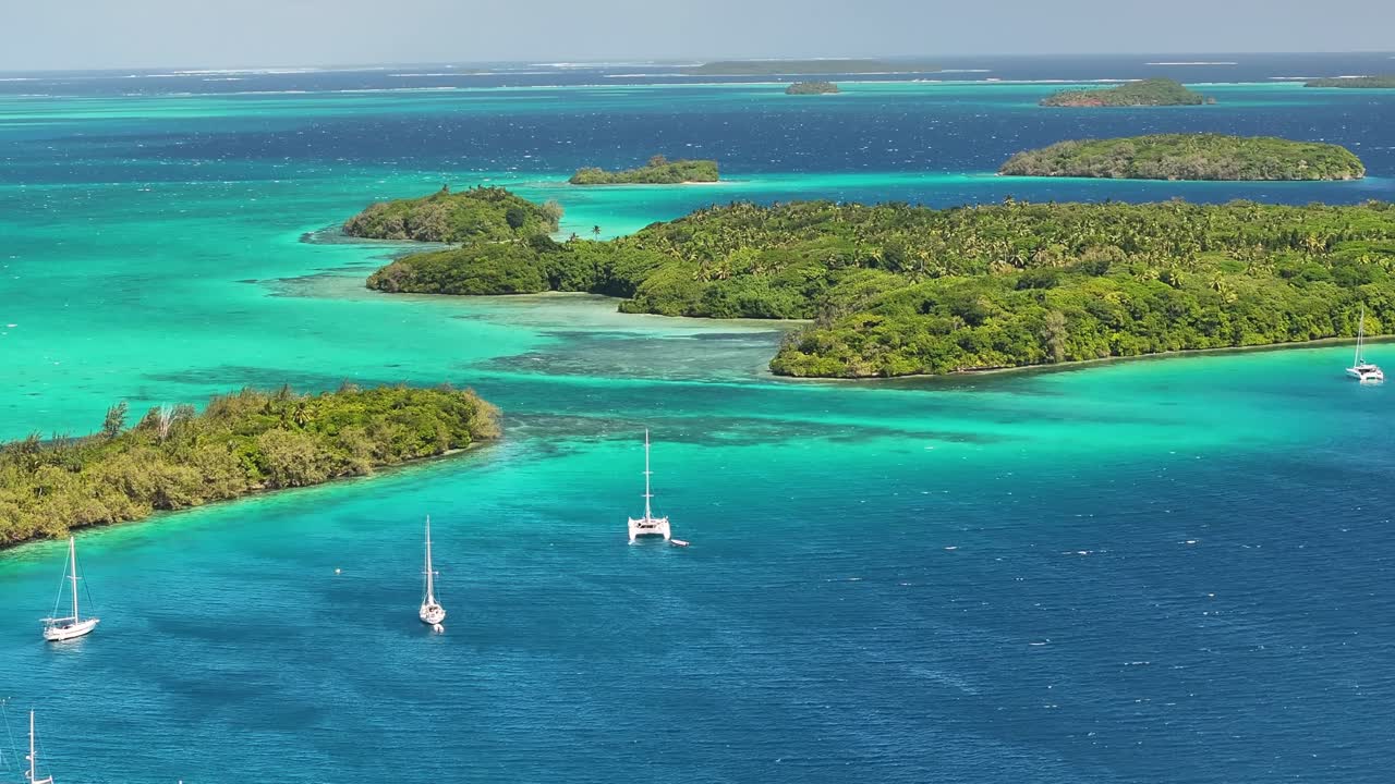 Aerial tropical landscape of exotic island of Vava'u, Tonga. Pristine natural scenery, colourful waters.