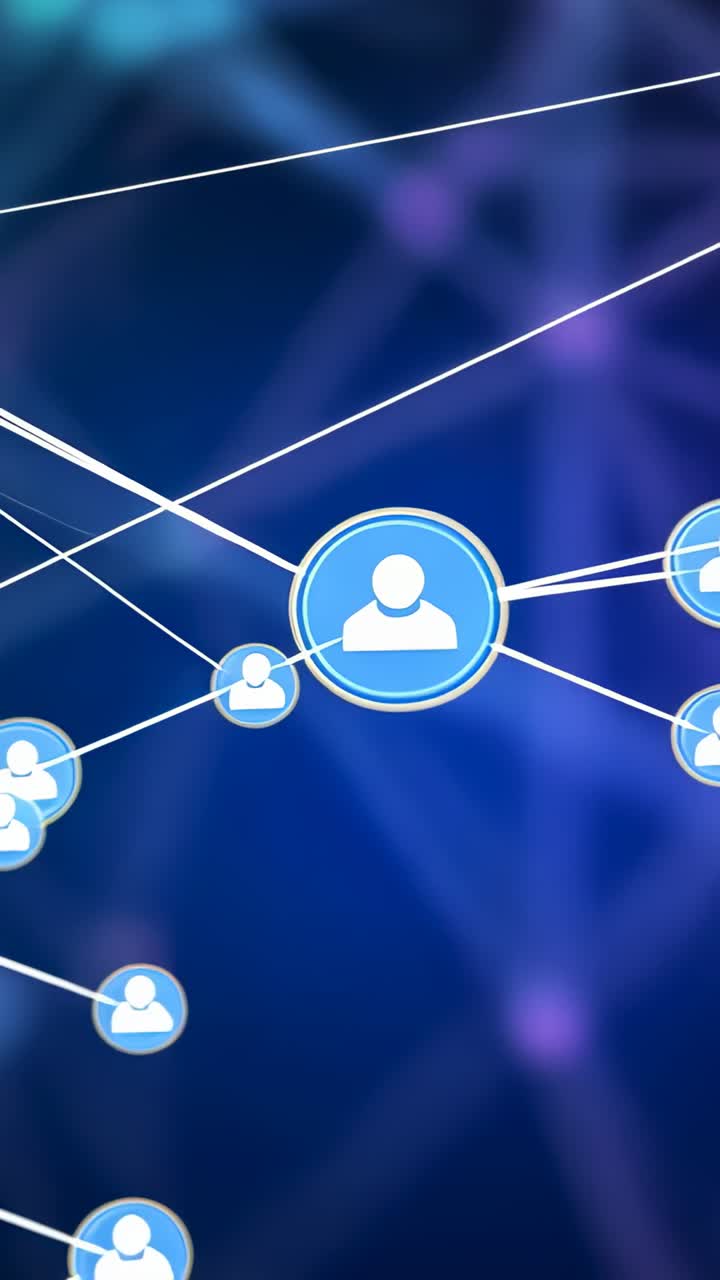 Vertical video: Emitting white line central blue user icon connecting smaller icons in neon grid