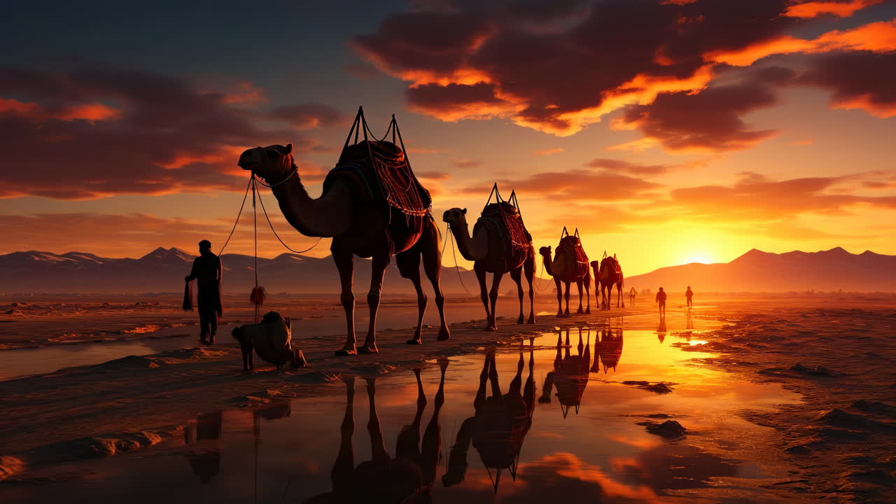 Camels walking at sunset in the desert. A line of camels walks a desert path at sunset, painting the sky with colors and reflecting on water