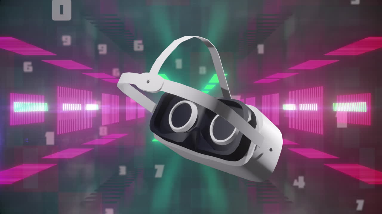 Animation of vr headset over neon shapes and data processing