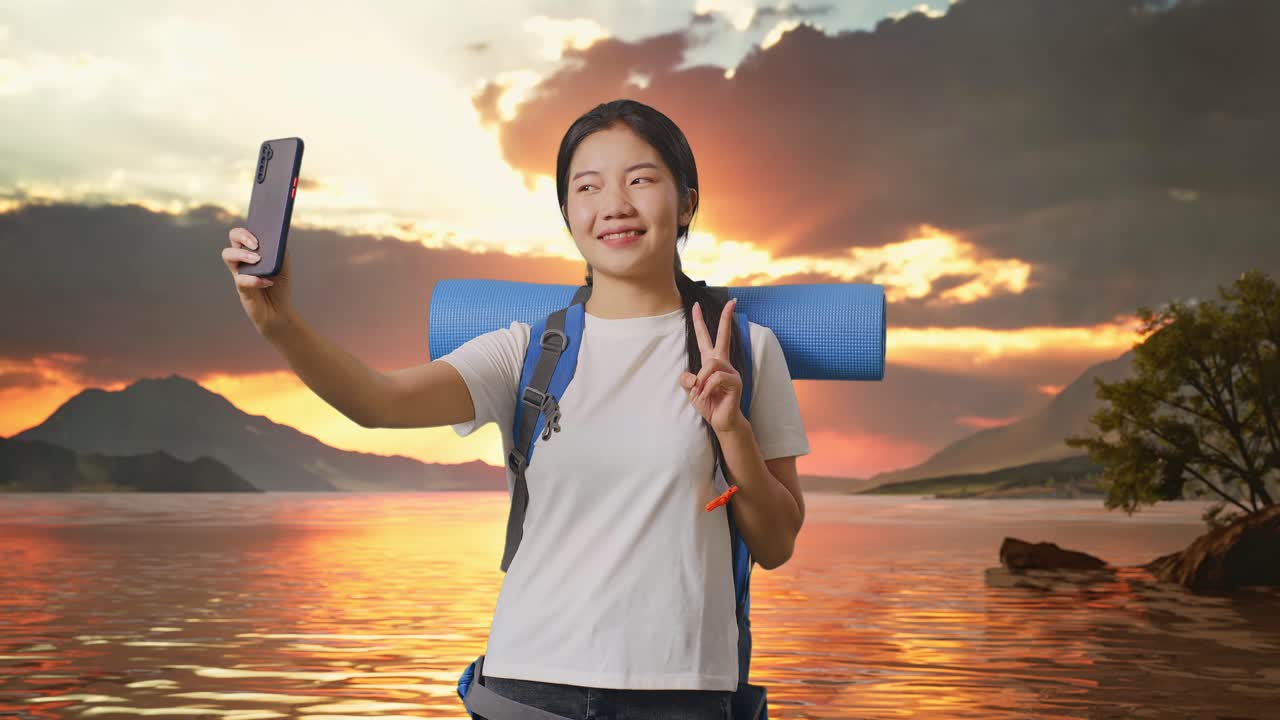 mujer tomando una selfie al atardecer por un lago con montañas en el fondo
