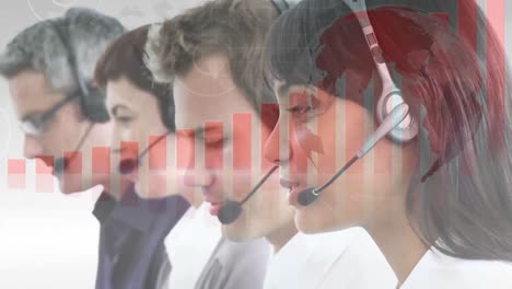 Animation-of-financial-data-processing-over-business-people-wearing-headsets