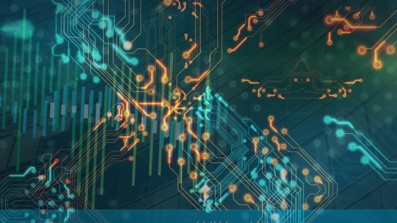 animación de circuitos integrados sobre paneles solares y datos financieros