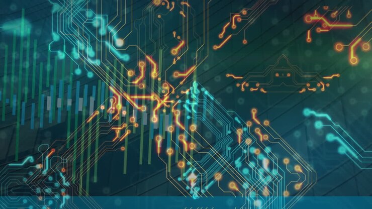 Animation of integrated circuit over solar panels and financial data