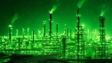 planta industrial iluminada de verde por la noche