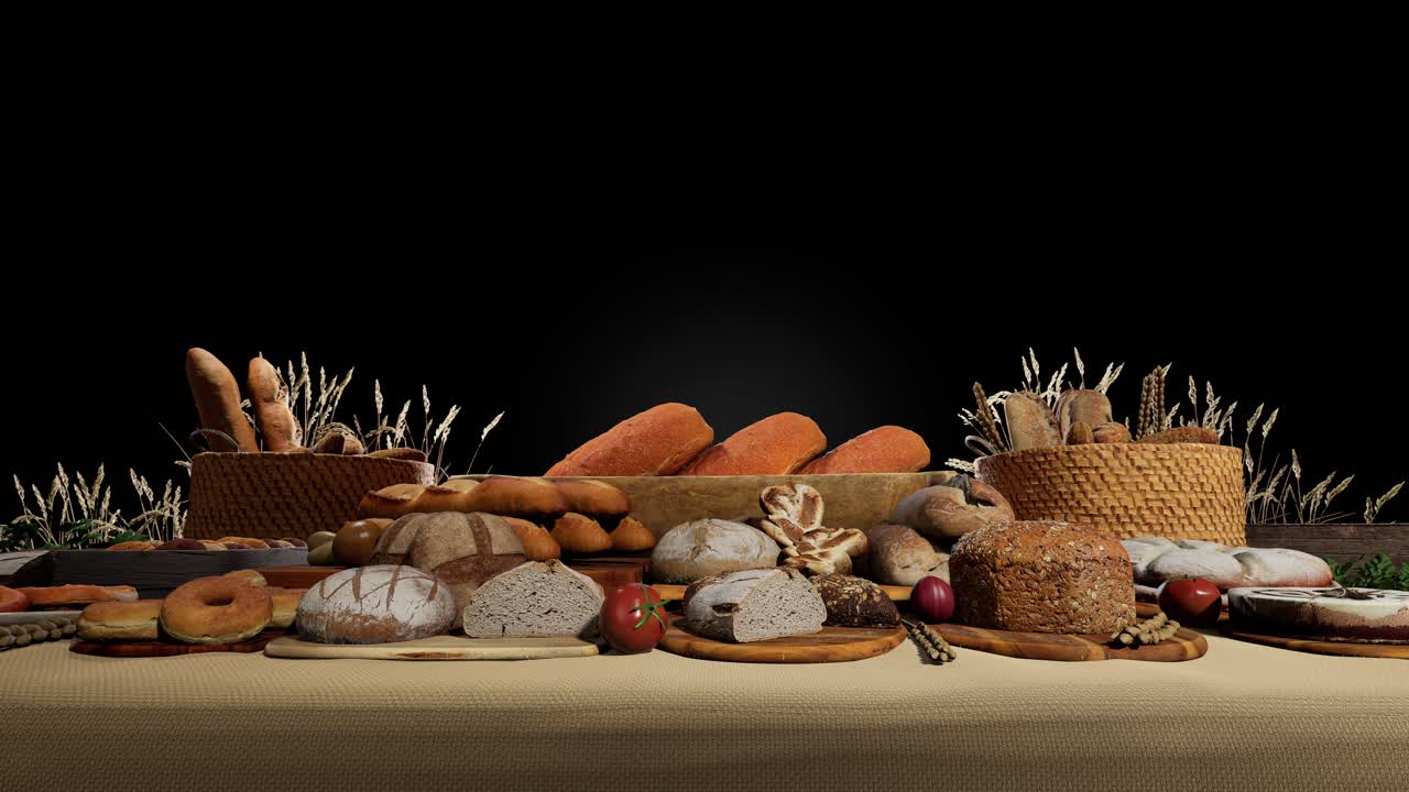 Different Types Of Fresh Bread On Table, Black Background