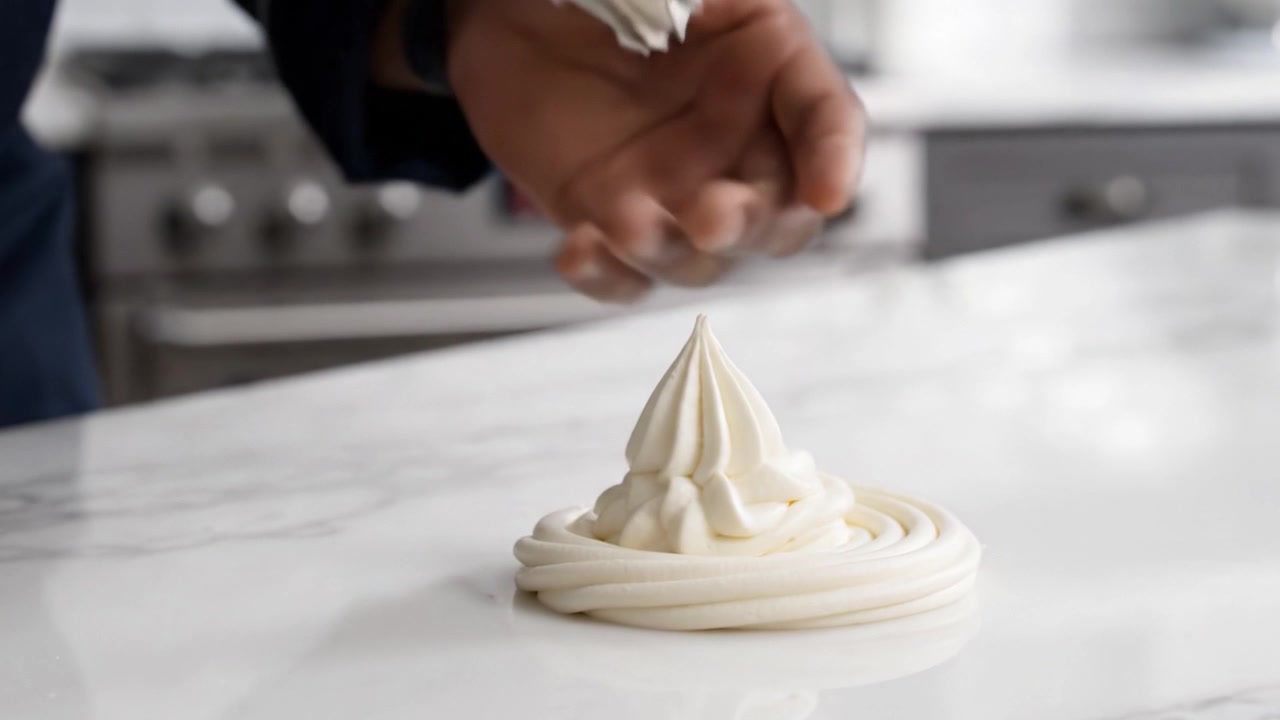 Chef de Pastelaria Especialista Criando um Design Decorativo de Chantilly em Superfície de Mármore, Exibindo Habilidades Culinárias e Técnicas Artísticas em um Ambiente de Cozinha Moderna