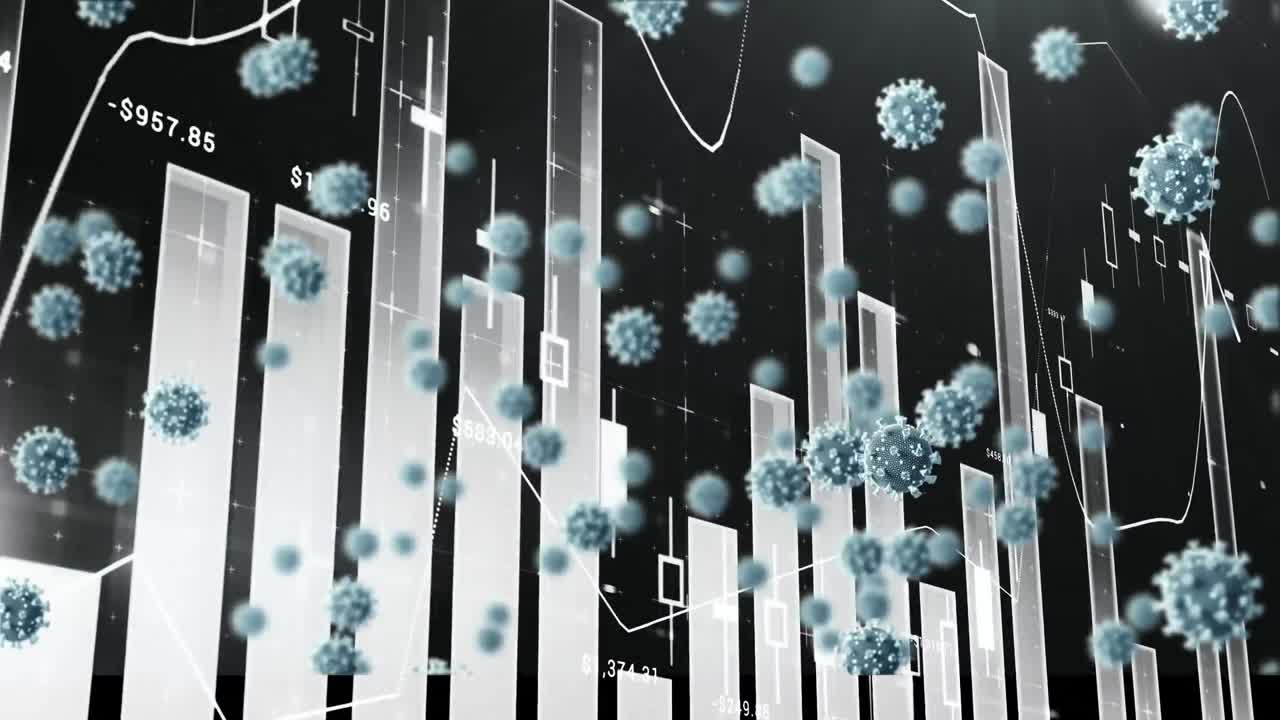 animación de las células del virus sobre gráficos estadísticos en movimiento