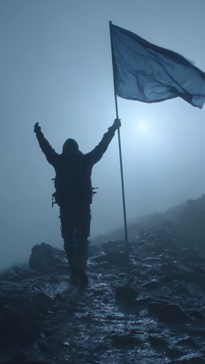 Uno scalatore trionfante si erge su una vetta nebbiosa, tenendo orgogliosamente una bandiera al vento sullo sfondo di un cielo etereo e misterioso, celebrando lo spirito di successo e avventura