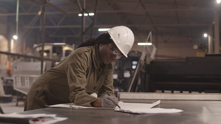 Ingenieur, der in einer Fabrik an Blaupausen arbeitet