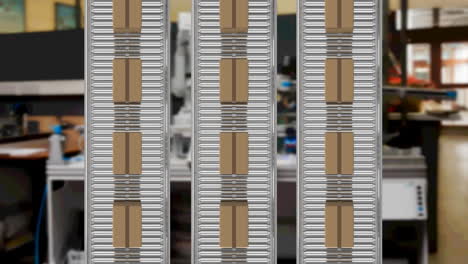 animation of cardboard boxes on conveyor belts in warehouse