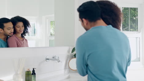 love, hug and young couple in the bathroom