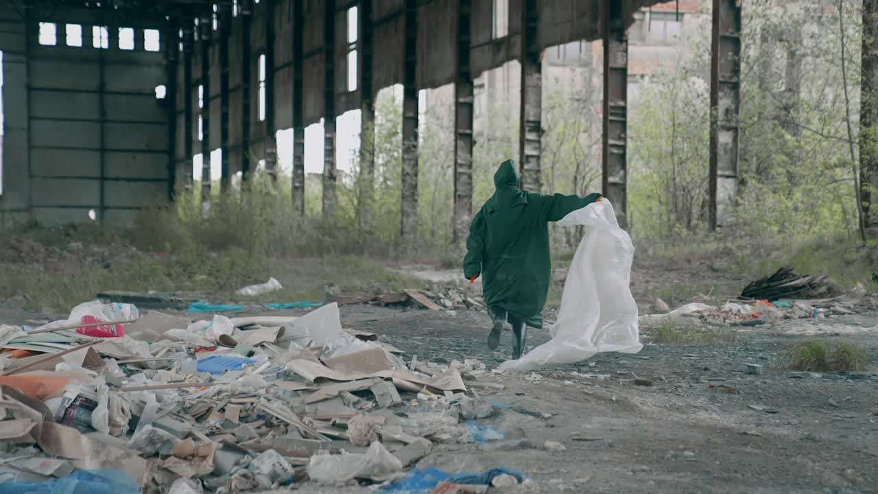 Man in chemically protective clothing. Human in gas mask walking among ruins