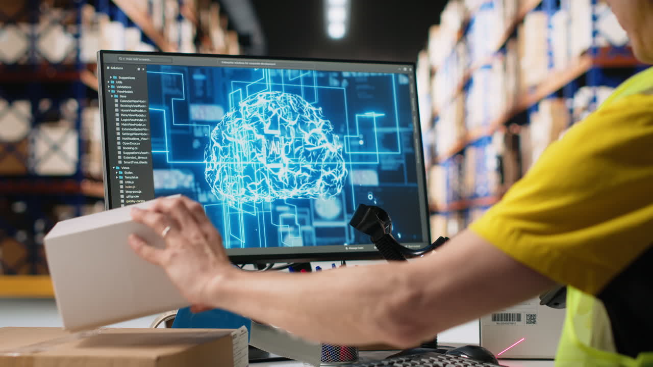 Asian male worker using artificial intelligence brain to scan barcodes