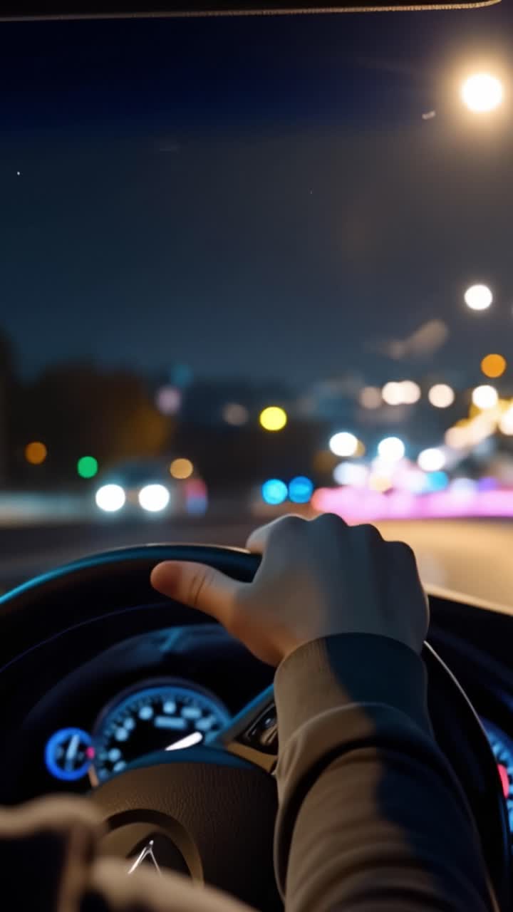 Catturare il Viaggio: Un Viaggio Notturno Attraverso un Paesaggio Urbano con Luci Sfocate e una Mano Ferma sul Volante