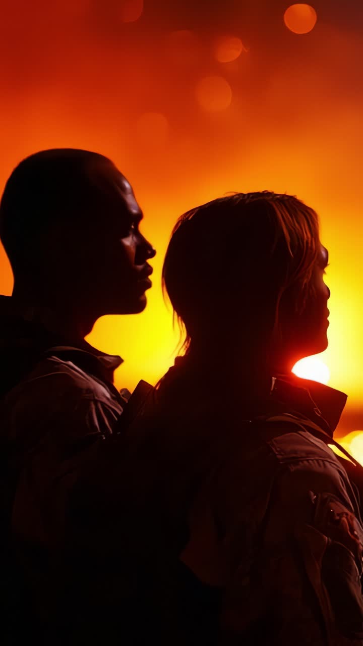 Silhouetted Figures Against a Fiery Background: A Powerful Representation of Resilience and Strength Amidst Chaos and Uncertainty in the Face of Danger