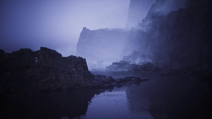 Quiet inlet embraced by sharp rocky formations and faint reflections