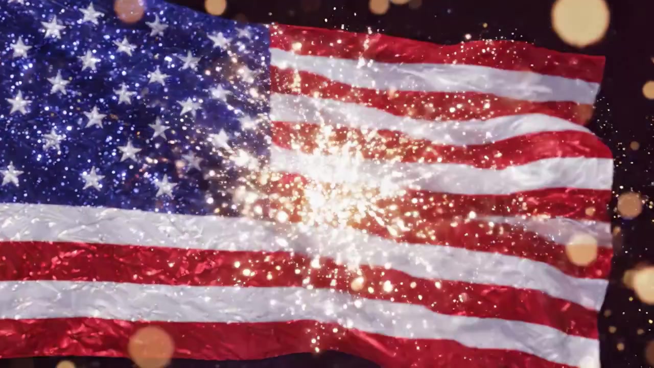 A Majestic Display of Patriotism: The American Flag Waves Gracefully Amidst a Sparkling Background, Celebrating Freedom and Unity in an Inspiring Visual Harmony