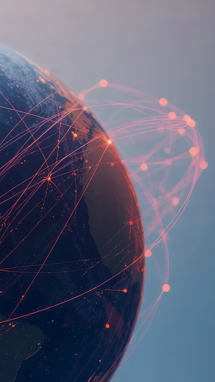 Vertical video: Rotating globe emerging from left, revealing network with lit cities, pink arcs