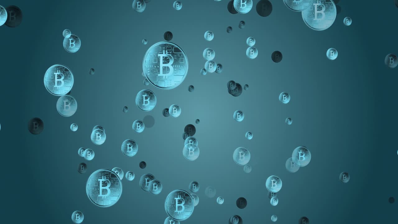 Bitcoin symbols moving against blue background