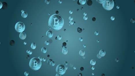 Bitcoin-Symbole-Bewegen-Sich-Vor-Blauem-Hintergrund