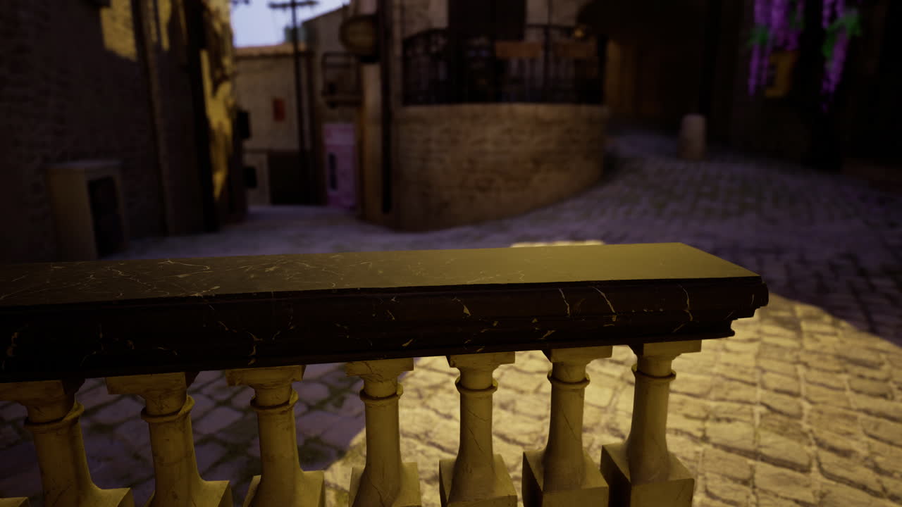 Cobblestone street view captured in a historic village during twilight