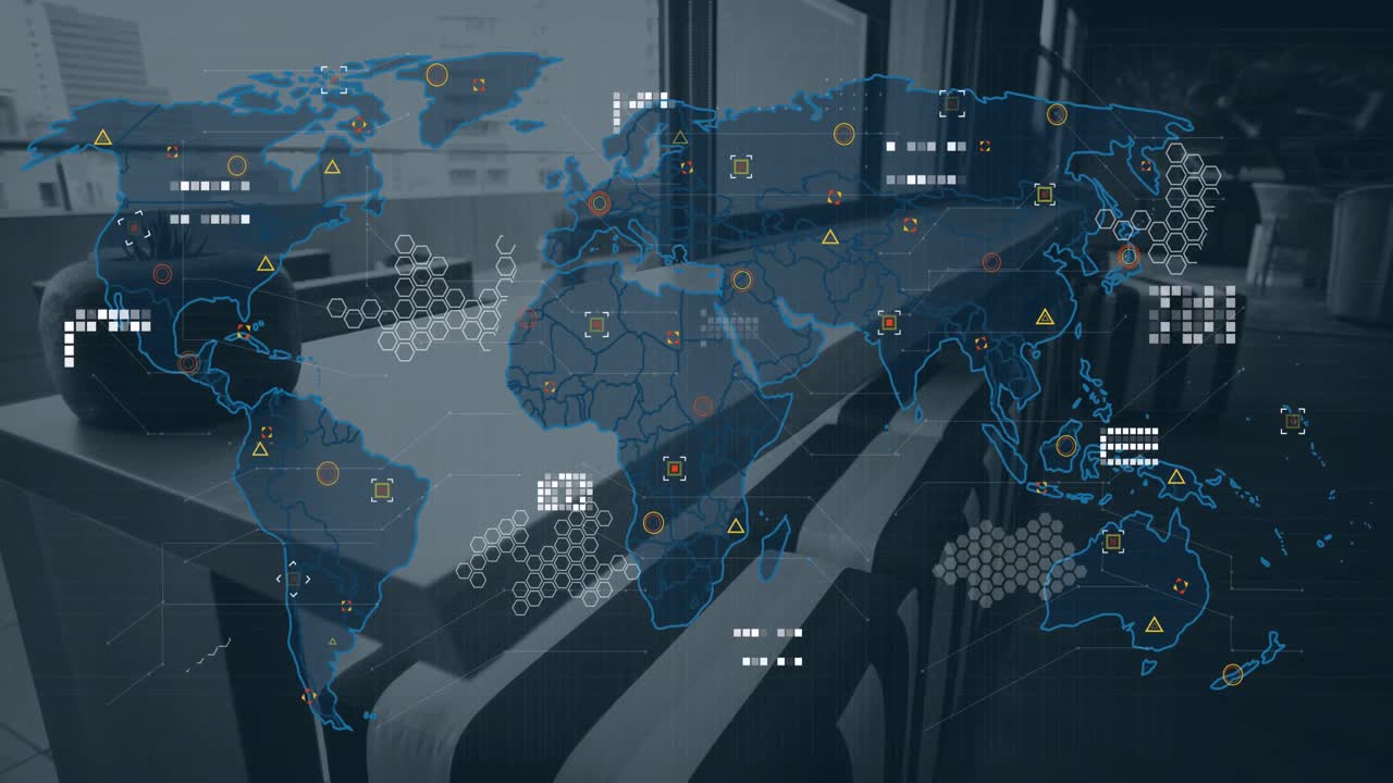 Animation of world map and data processing over office