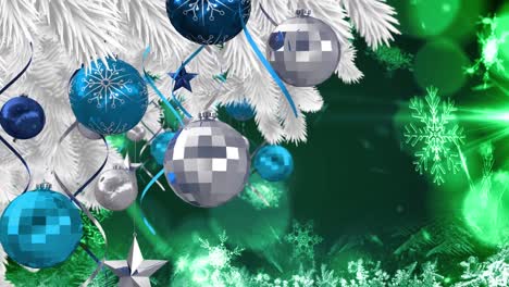 Animation-of-christmas-boubles-over-green-background-with-snow-falling