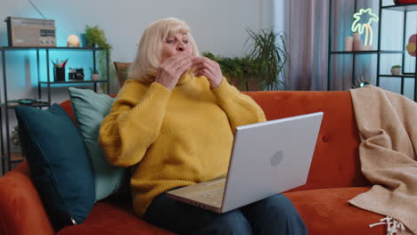 abuela mujer usa computadora portátil, recibe un mensaje de buenas noticias, conmocionada por la victoria, celebra la victoria