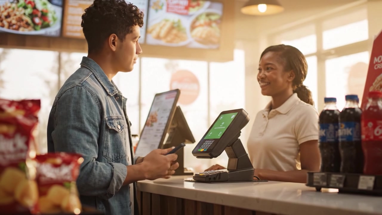Um Jovem Paga pela sua Refeição em um Balcão de Fast Food Enquanto um Caixa o Atende, Criando uma Experiência Gastronômica Amigável em um Ambiente de Restaurante Movimentado