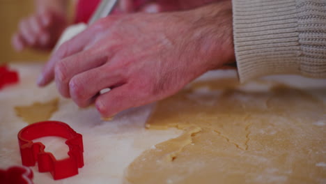 dad and boy make gingerbread cookies and cut them out of dough