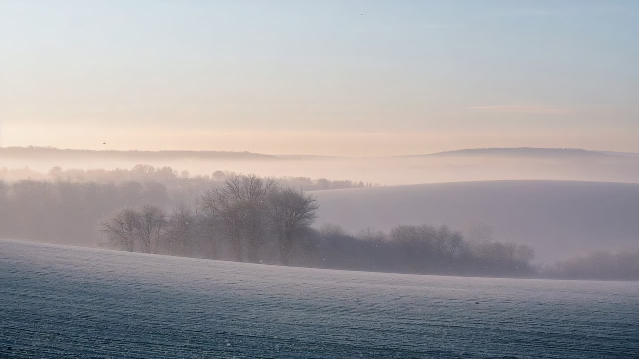 Brightening sky causing bare copse watching mist thinning over frost field at dawn, bird crossing