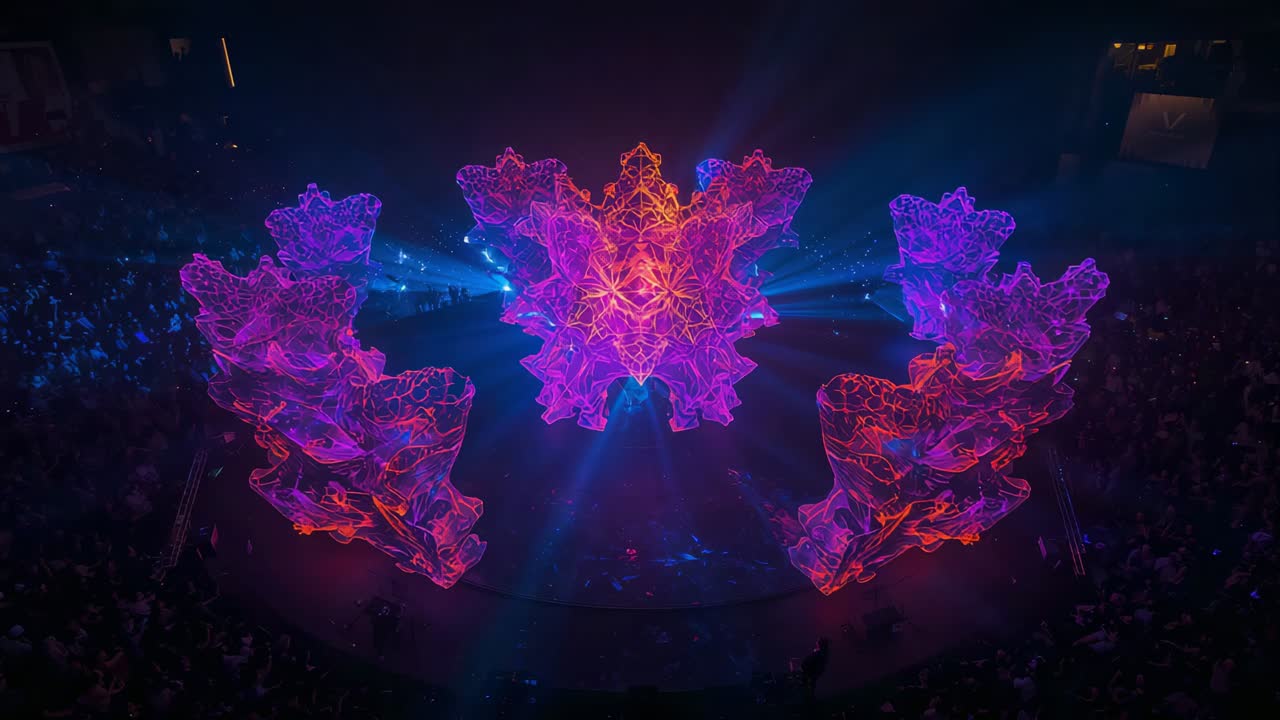 Music swell starting pulsing five light forms shifting purple into orange center stage, blue beams