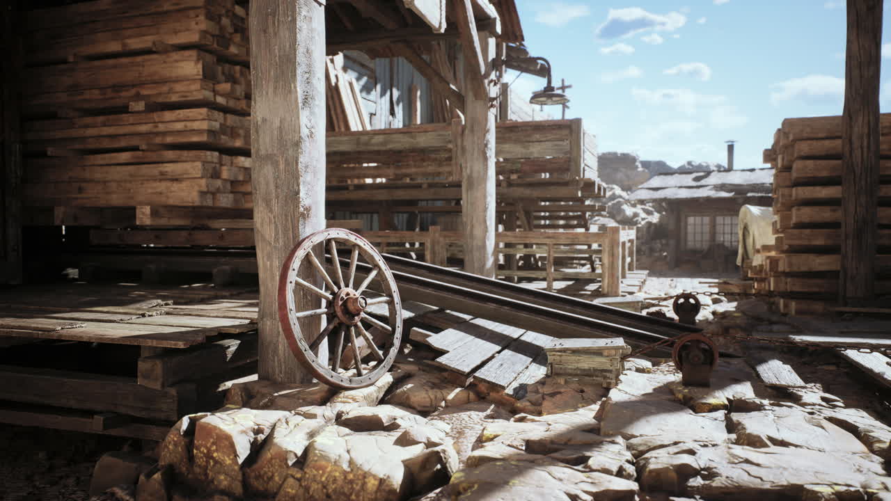 날씨가 흐르는 건물 근처의 나무 카트 바를 특징으로 하는 시골 풍경