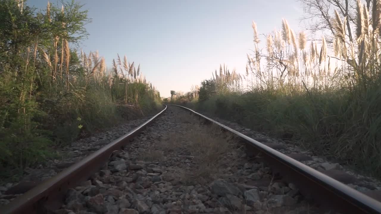 General view of a train track that crosses the countryside during sunrise. Both sides are covered with vegetation and the sun seeps into flares on the camera.